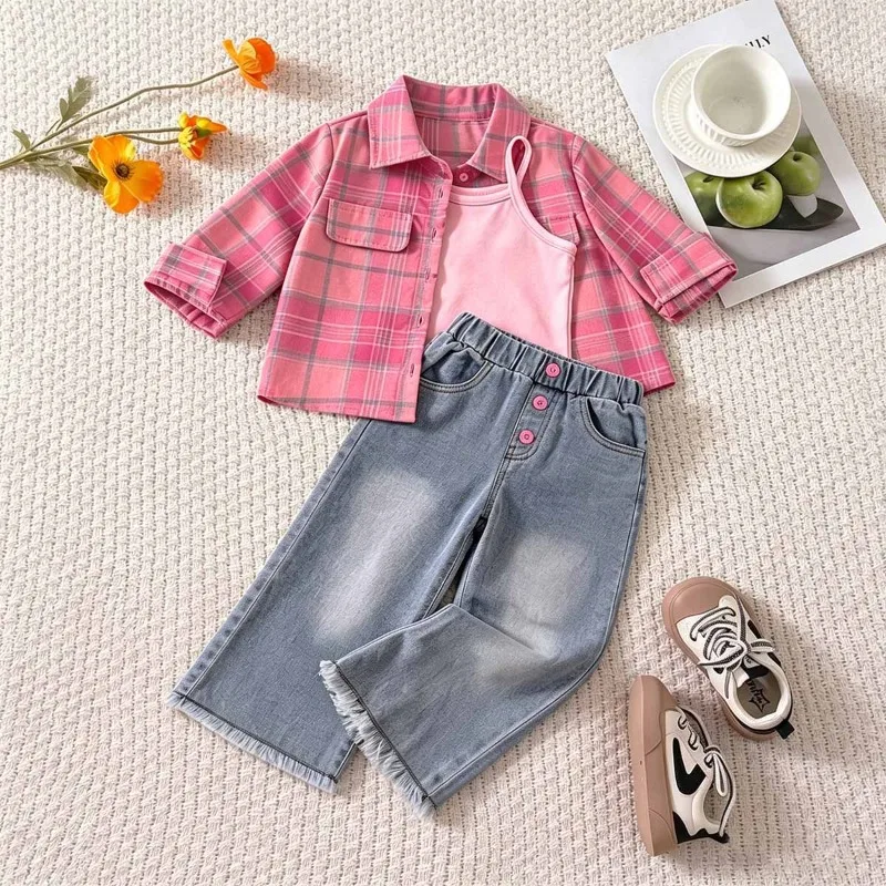 2026 Spring and Autumn Collar Checkered Shirt Strap Tank Top Washed Water Bearded Edge Jeans 3-Piece Set