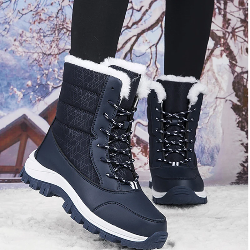 

Waterproof Winter Boots Plush Women Mid-Calf Boots Cold-Proof Long Boots Outdoor Snow Boots Large Size Warm Women Shoes Blue