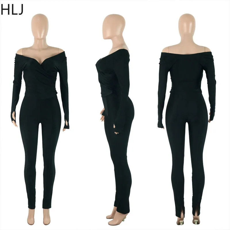 HLJ Off Shoulder V-neck Set 2 Piece Outfits For Women Sexy Off Shoulder Tops Bodycon Flared Pant Sets Club Outfits Tracksuit