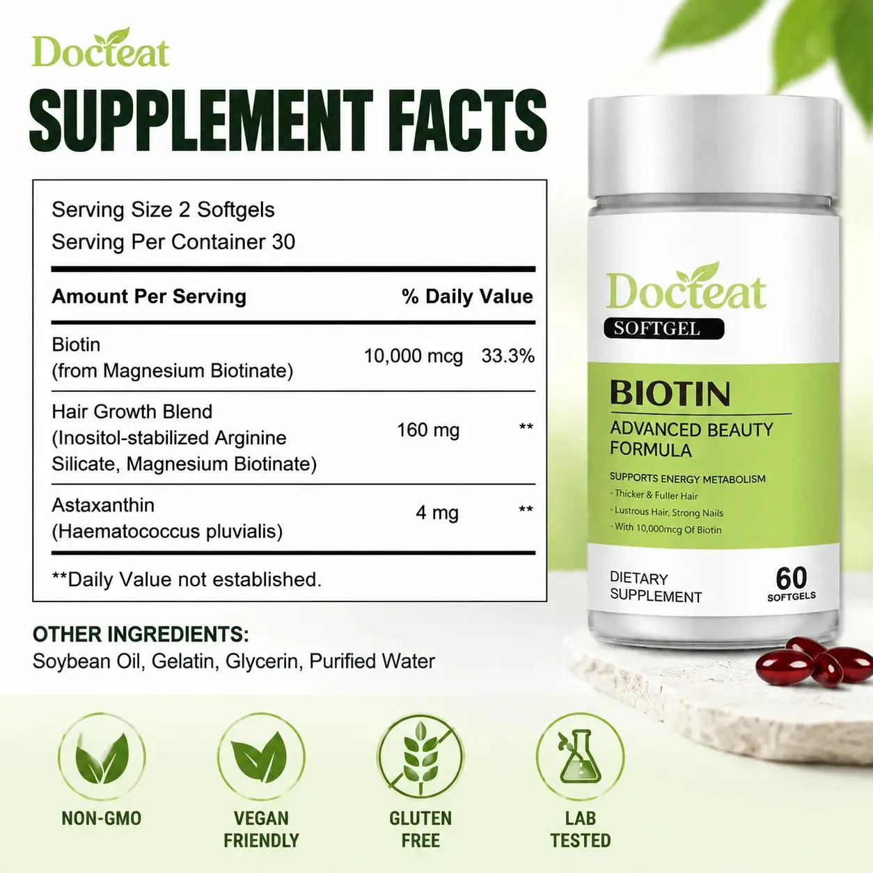 Docteat Biotin 10000mcg Softgels Hair Skin Nails Astaxanthin Hair Growth Blend Energy Support Non-GMO Gluten Free 60 Count