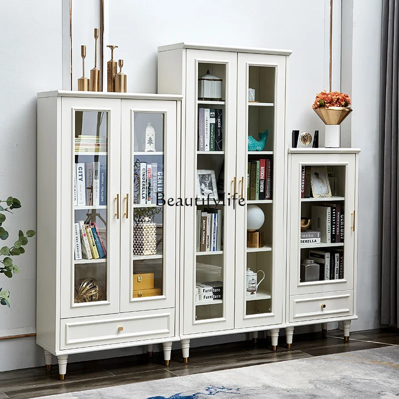 

American bookcase solid wood high and low combination white paint high-end French bookshelf