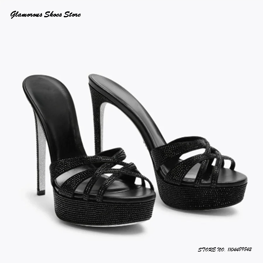

Crystal Embellished Leather Platform Mules Women's Round Open Toe High Stiletto Heels Party Shoes Summer Fashion Modern Slippers