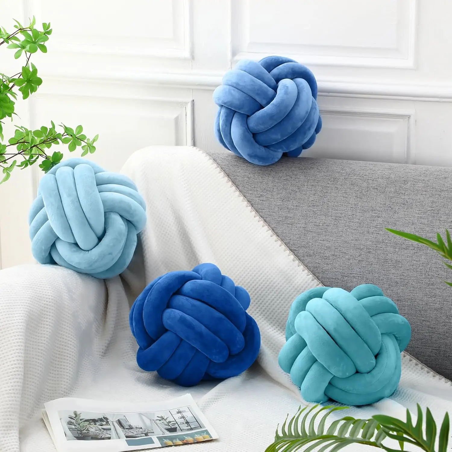 Handmade Blue Throw Knot Pillow Ball for Home Chair Sofa Couch Bed Aesthetic Round Velvet Gift Knotted Pillow Cushion Pink