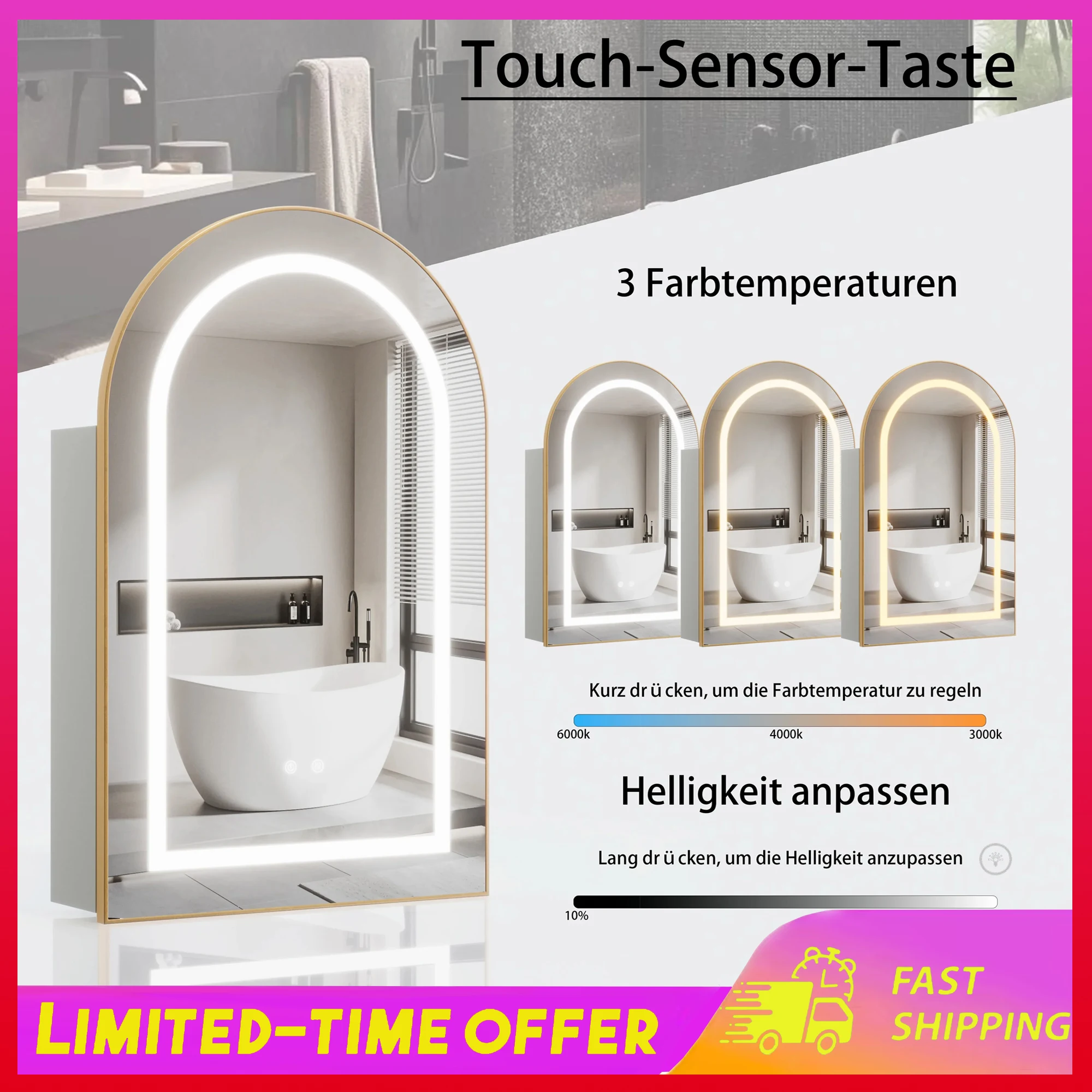 Miroir de salle de bain moderne blanc en bois avec éclairage intelligent et fonction anti-buée, miroir de beauté avec rangement, meuble de maison pour vestiaire