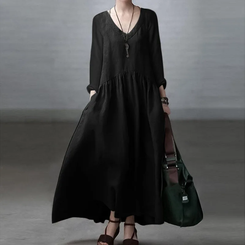 Elegant Solid Color Cotton Linen Long Dress For Women Spring Autumn Casual V Neck Full Sleeve Maxi Dresses Simple Robe Femme