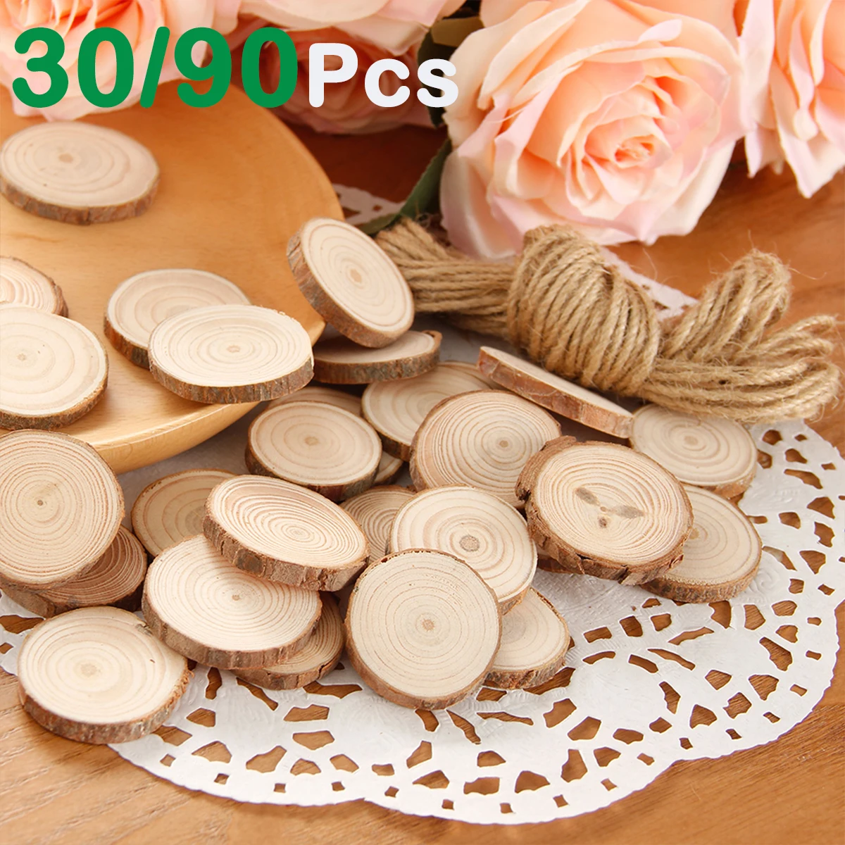 30/90Pcs DIY Natural Wood Discs Unfinished Round Wood Circles With Tree Bark for Wedding Party Painting Decorations Crafts 4CM