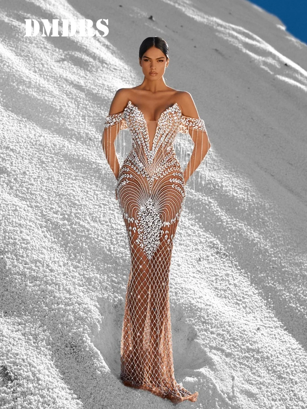 Bezauberndes schulterfreies Abendkleid, elegantes Partykleid mit Fransen und Perlen, romantisch, Kristall, A-Linie, bodenlang, Party