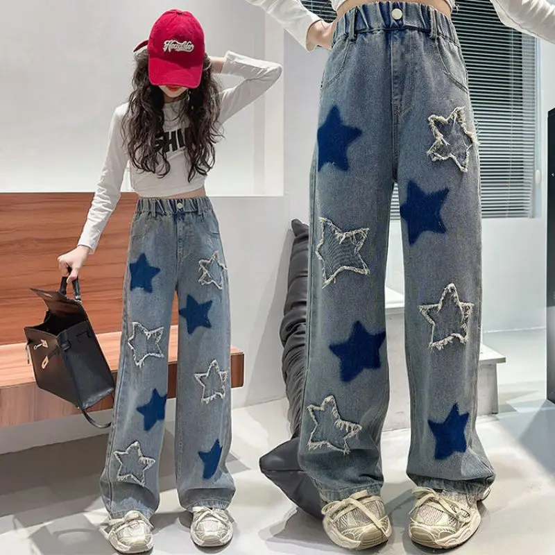 Teen Girls Loose Pants Spring Autumn New Fashion Side Five-Pointed Star Design Pants Children Trousers Baby Kids 5 7 9 11 13 14Y