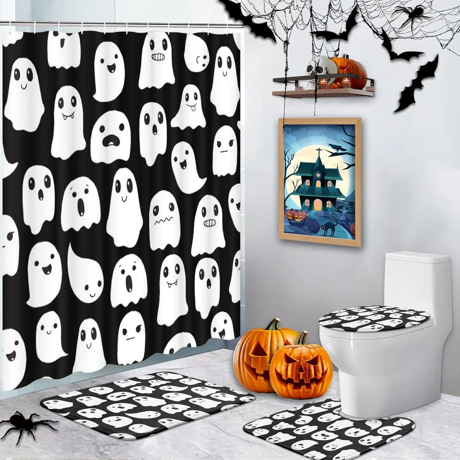 

4 шт. наборы занавесок для душа, милые моторошные забавные водонепроницаемые наборы для ванной комнаты на Хэллоуин с нескользящими ковриками, крышкой для унитаза и ковриком для ванной