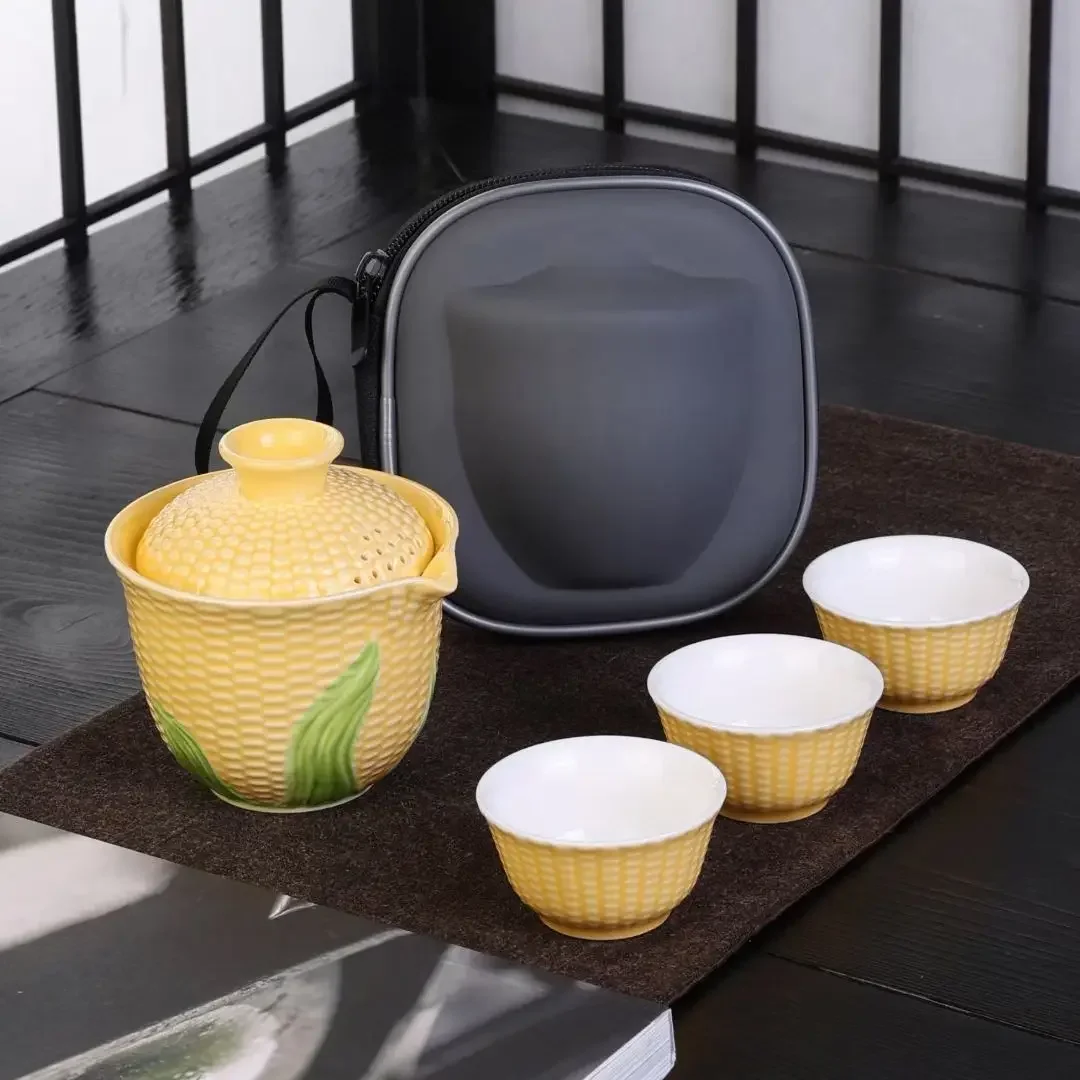 Portable Corn Tea Set, Balsam Pear Ceramic Teapot, Outdoor Camping Tea Brewing Teapot, Quick Guest Cup, 1 Gaiwan, 3 Cups