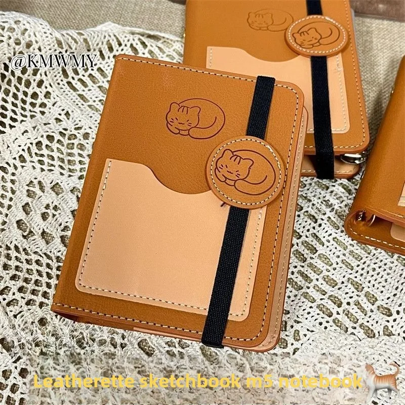 Premium Brown Cat Pattern A7 Leather Journal DIY Study Planner Notebook for Students Daily Scheduling & Personal Diary Writing