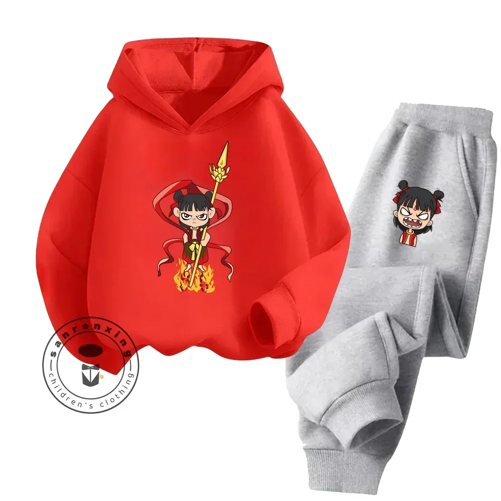 

Nezha Cartoon Long Sleeve Fashionable Streetwear for Kids Age 3-14 Spring Autumn Casual Style Bright Colors Hoodie Sports Suit