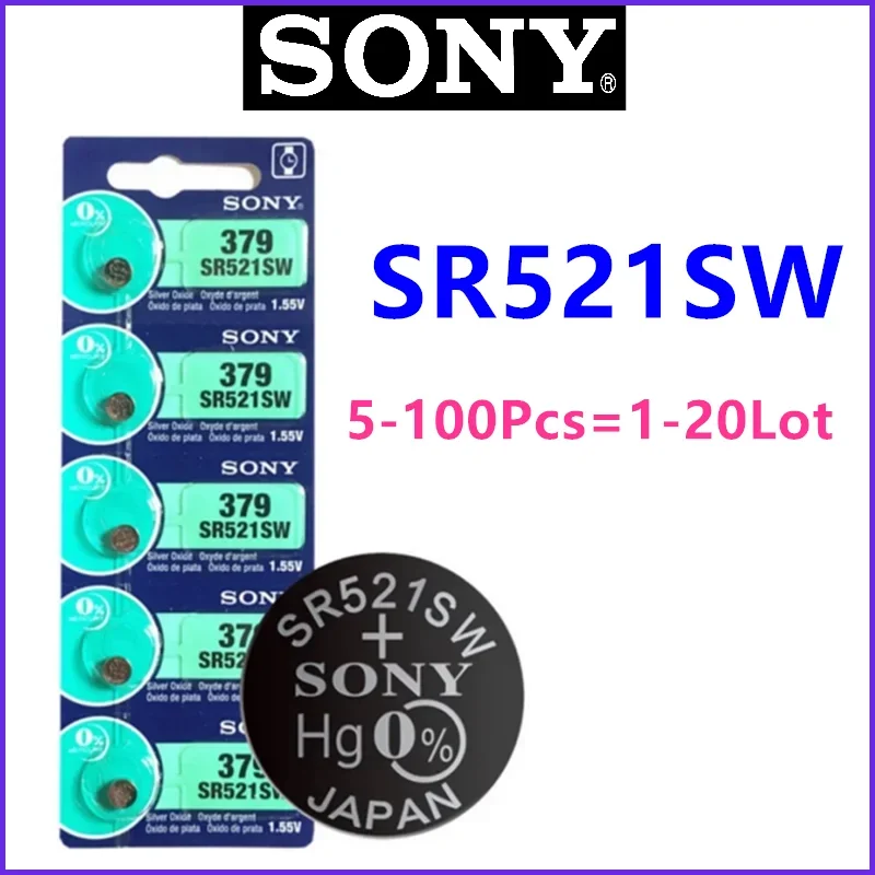 5-100 Original SONY LR521 AG0 Button Batteries SR521SW 379A 379 179 D379 SR63 1.5V Alkaline Coin Cell Silver Oxide Watch Battery