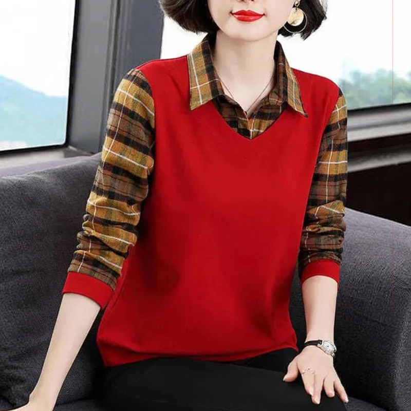 Abbigliamento donna 2023 Vintage Classic Plaid Patchwork falso due camicia autunno moda manica lunga camicetta donna Casual sciolto top