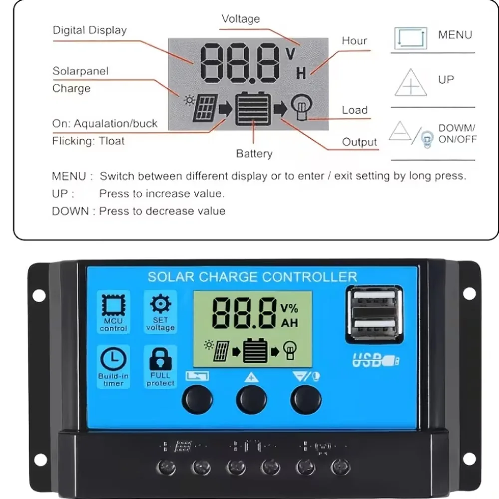 10A/20A/30A PWM Solar Charge Controller 12V/24V Auto, Intelligent Solar Panel Regulator with Dual USB Ports, Timer & Multi-Protection for RV, Boat, Home, Off-Grid System