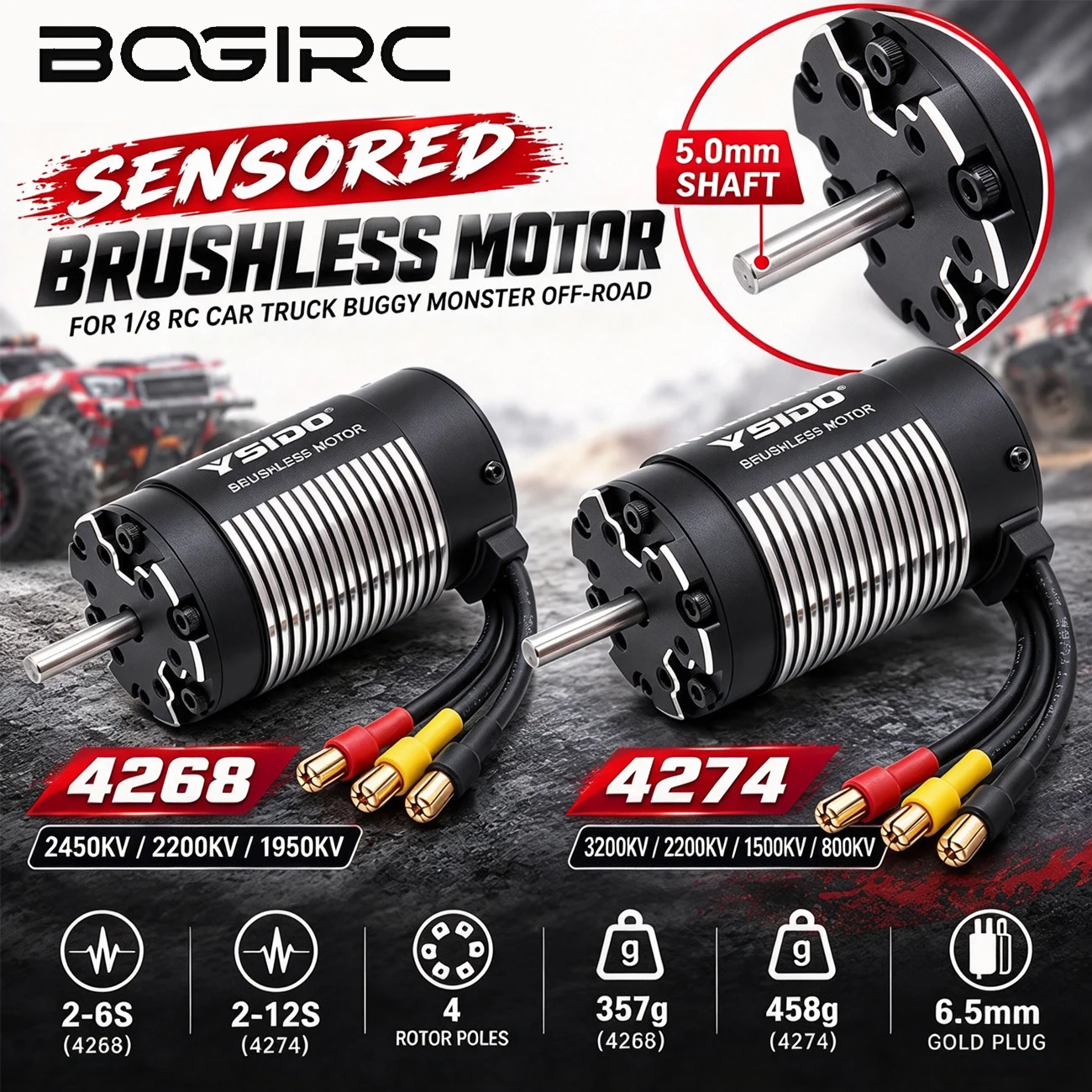BOGIRC 4268 4274 Sensored Brushless Motor 2450KV 1950KV 1500KV 5.0mm Shaft for 1/8 Traxxas RC Car Truck Buggy Monster Off-Road