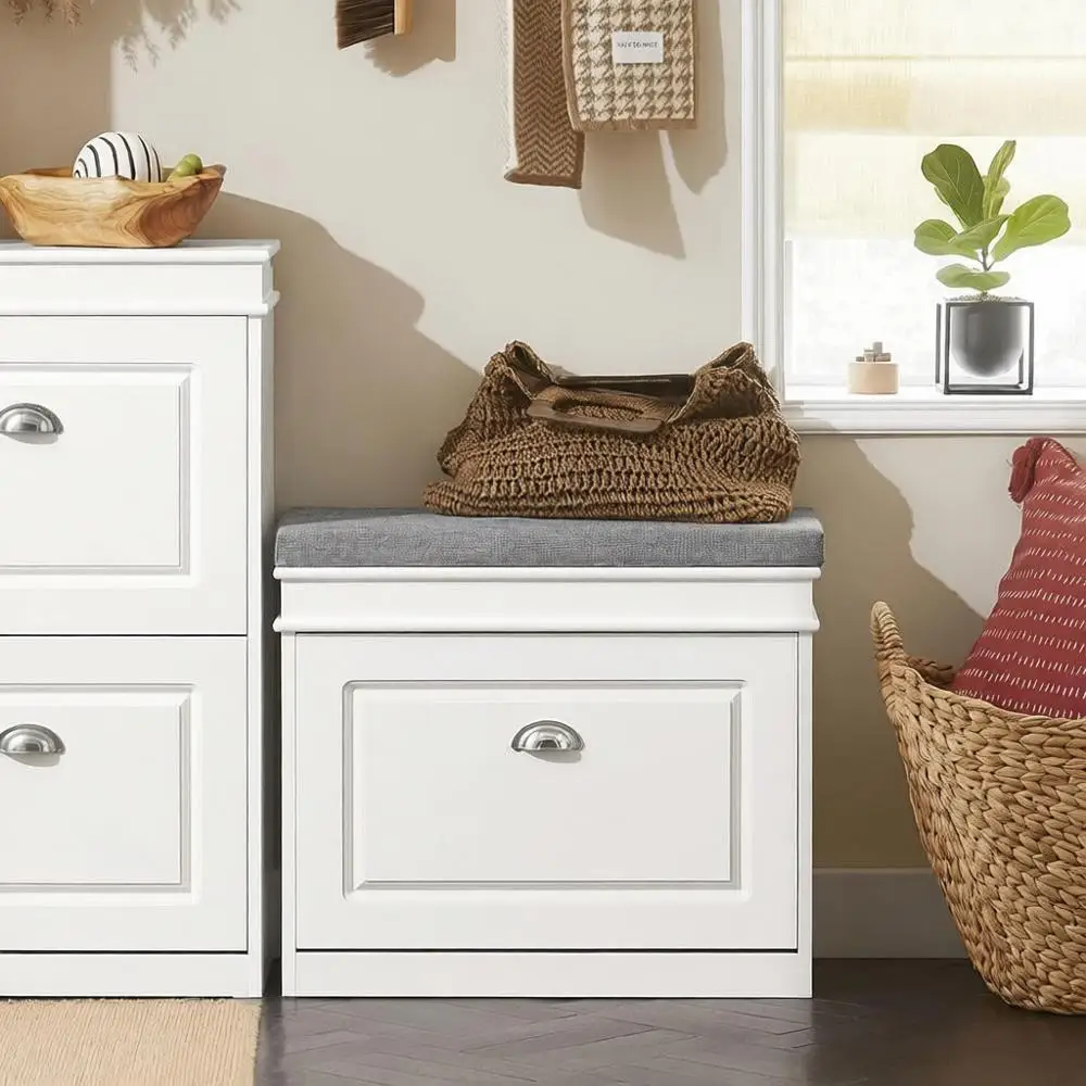 

Narrow Entryway Shoe Bench with Storage and Cushioned Seat, Small Shoe Cabinet SR82-K-W