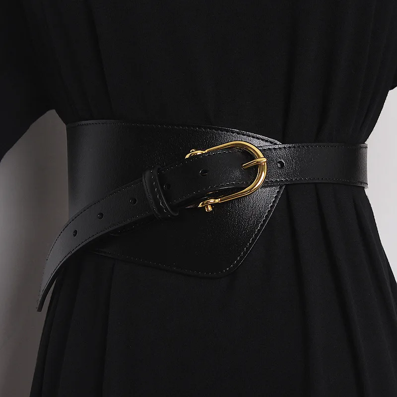 Fashion irregular pressure line edge two-layer cowhide waist belt women's decoration dress versatile waist pin buckle wide belt