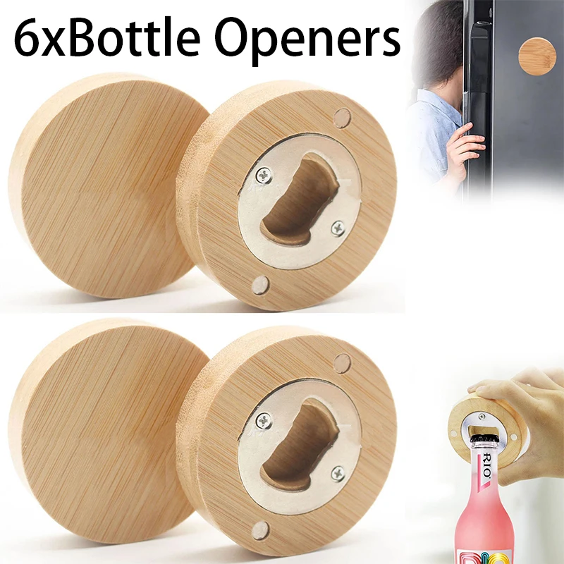 

6Pcs Bamboo Magnet Beer Bottle Opener Magnetic Round Coaster Round Openers