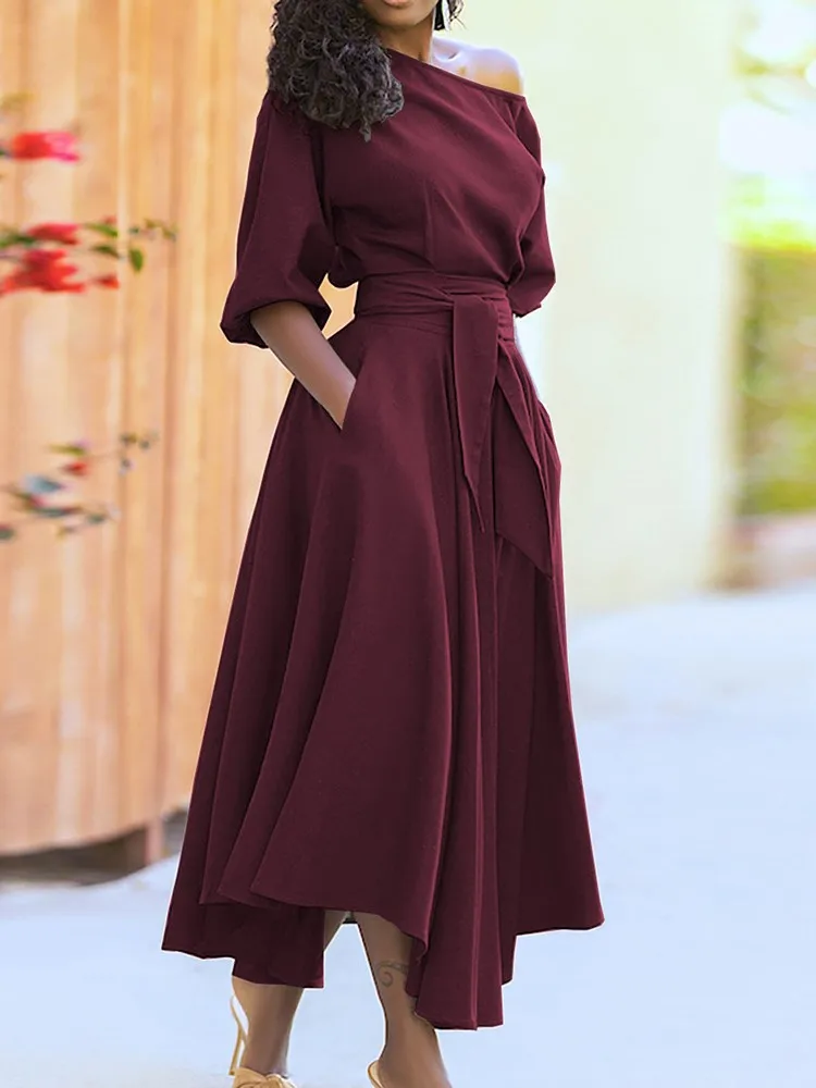 Temperament Simple Style Solid Color Dresses Women Fashion Half Sleeves Slant Collar Leace-up Irregular Dress Female New Vestido