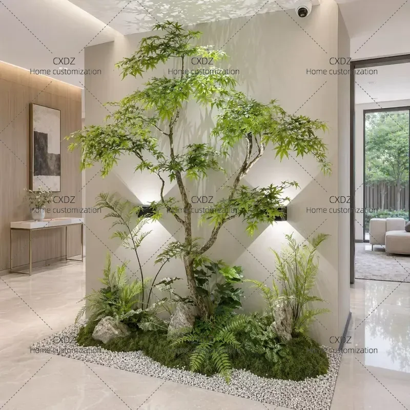 High End Artificial Green Maple Bonsai Fake Tree Ornament Indoor Landscaping Decoration for Tea Room Home Office Complete Set