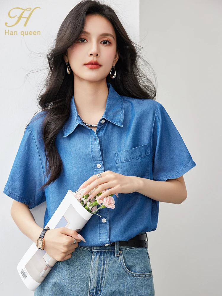 H Han Queen Summer Short Sleeve Shirt Women Blouse Vintage Work Casual Tops Blouse Japanese Vintage Clothes Loose Denim Shirts