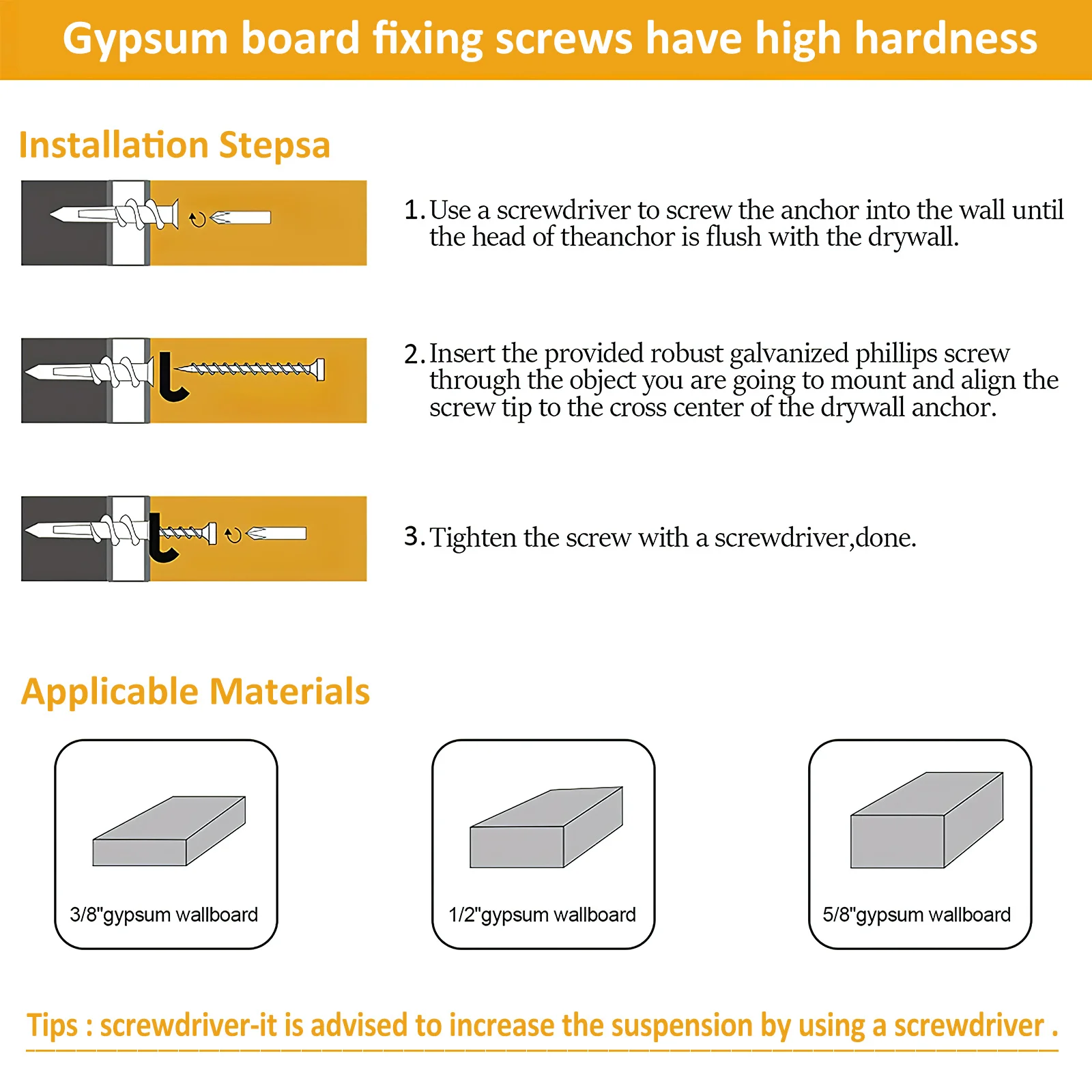 

50 set Spiral Expansion Tubes Heavy Duty Drywall Anchors Self Drilling Screws For Thick Plasterboard Wall Mounts Fastening Kit