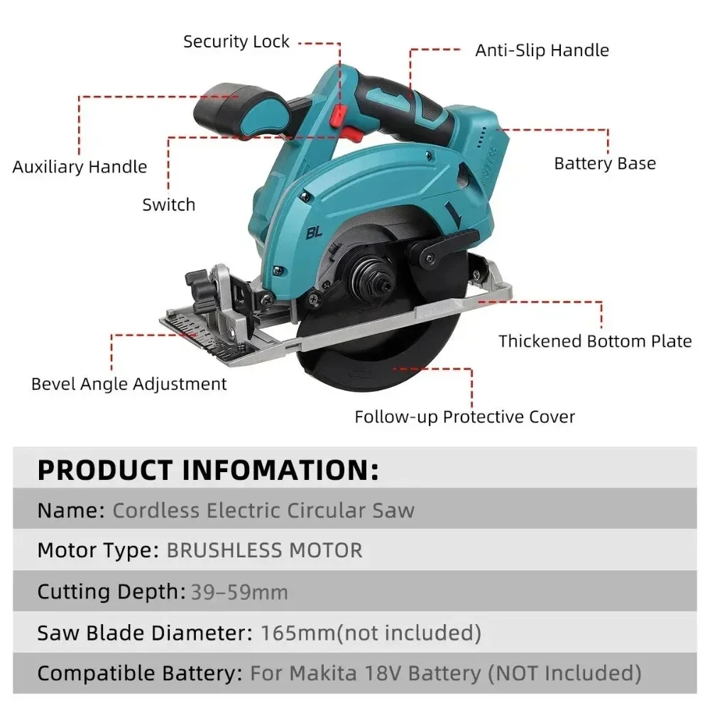 Brushless Circular Saw 165mm Cordless Electric Saw for Wood Metal Ceramic Stone Wall Cutting Electric for Makita 18V Battery