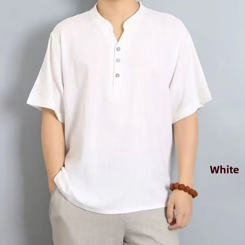 Loose Fit V-Neck Cotton Linen Shirt Men's plus Size T-Shirt Artistic Style Short Sleeve Standard Edition for Young Men