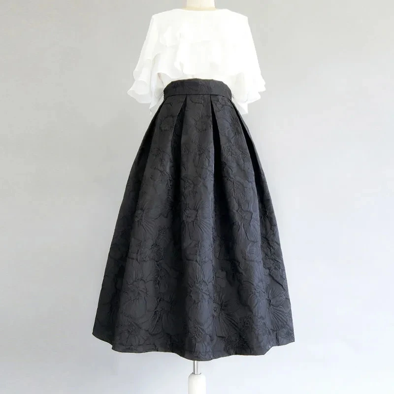 

Pocket Skirts Womens Skirt 2023 SpringAutumn New Mid-length Pengpeng Skirt High Waist Jacquard Black Skirt Korean Style Faldas