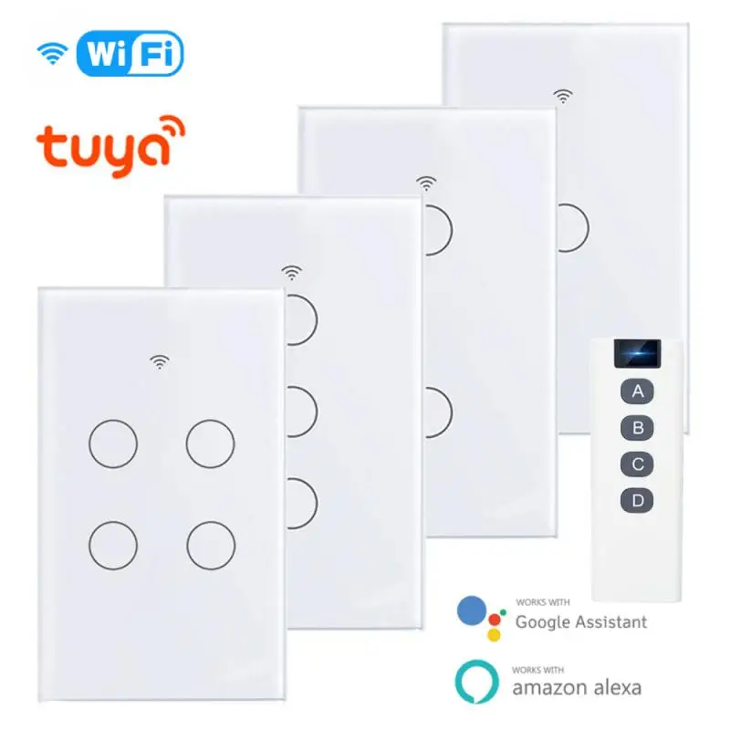 

Умный переключатель Tuya WiFi RF433 1/2/3/4Gang, стеклянная панель, одинарный нулевой пожарный универсальный сенсорный переключатель, голосовое управление с Alexa