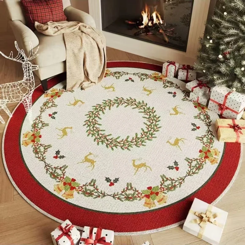 VIKAMA Round Christmas Floor Mat Holly Wreath Golden Reindeer Bell Red Border Print Non Slip Mat For Living Room Bedroom Decor