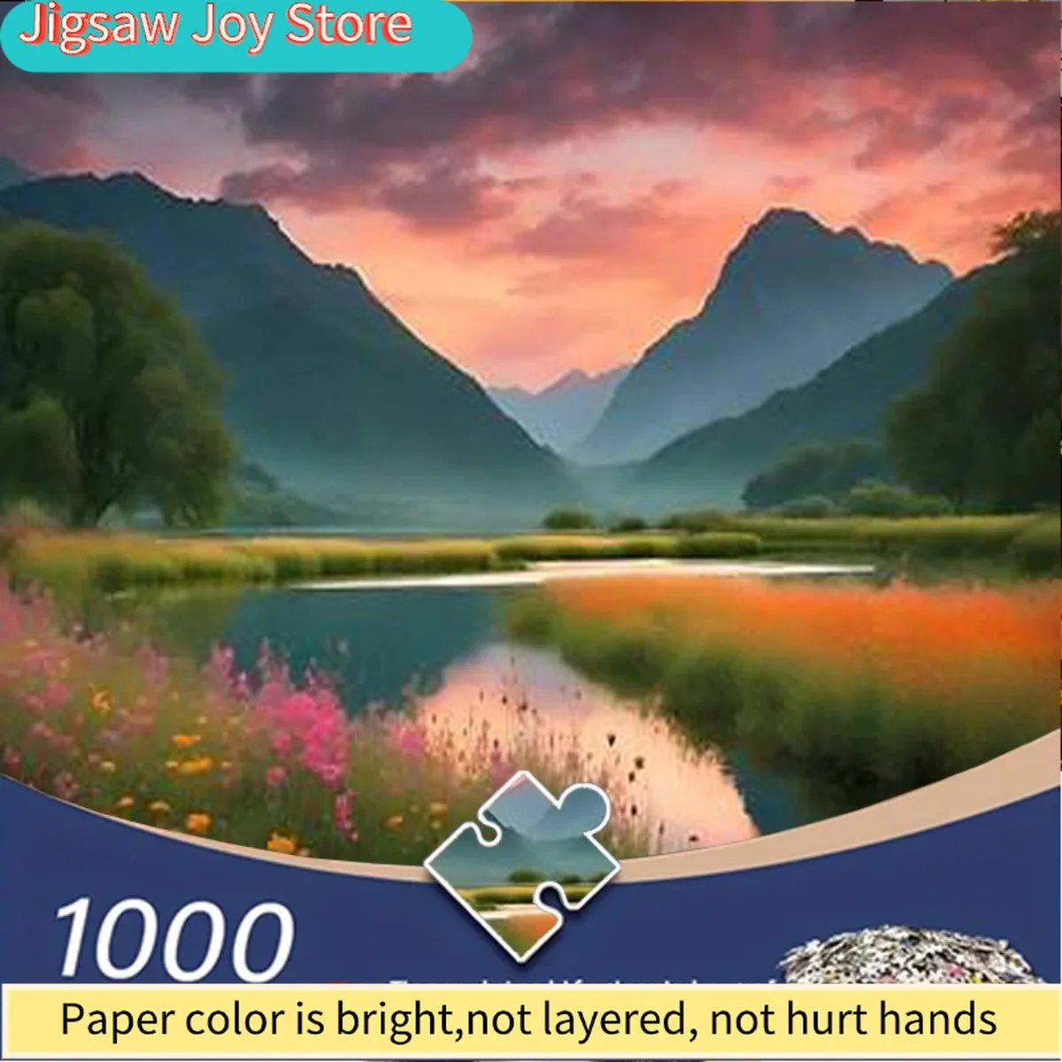

1000pcs adult jigsaw puzzle - Evening pink and purple sky with distant mountains and lakes reflecting flowers plants and trees
