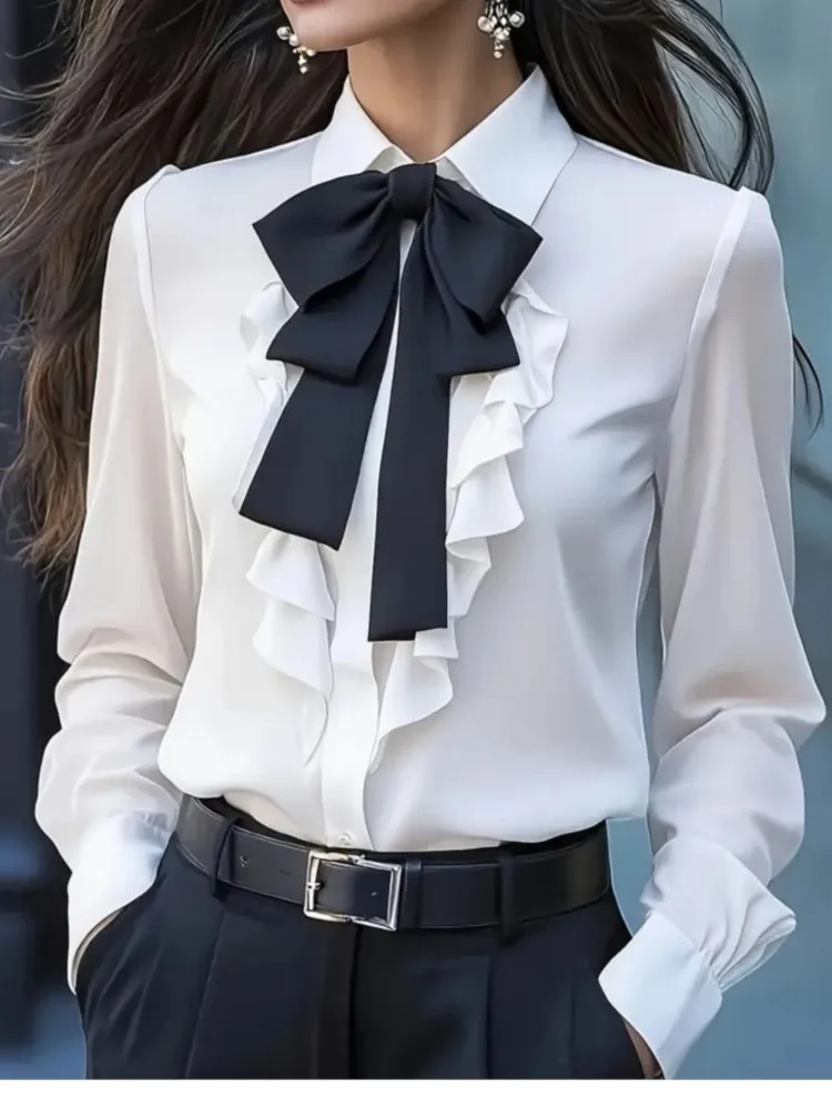 Automne solide à lacets nœud chemise à volants pour les femmes mode élégant bouton à manches longues décontracté femmes hauts et chemisiers femmes vêtements