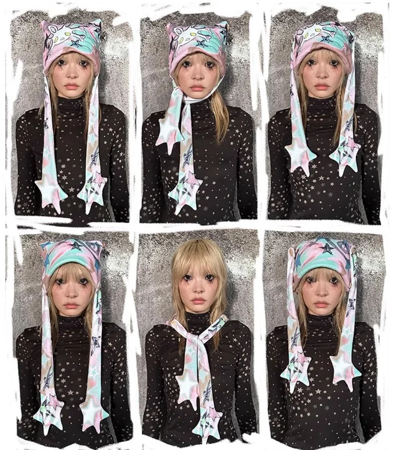 Mikumn Women Y2k Punk Rabbit Skull Star Printed Knitted Hat Gothic Girls Chic Streetwear