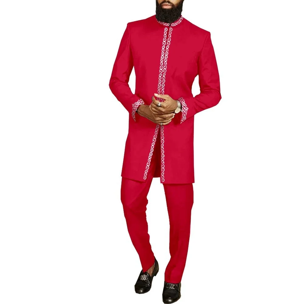 White Kaftan Men's Suit Embroidery Floral Top Pants Kaunda Suit African Casual Outfits Wear Traditional 2PCS Set Wedding Tuxedo