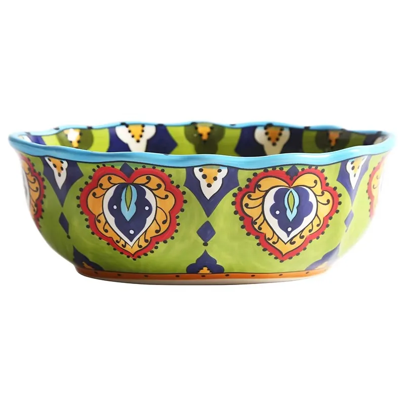 

Eco-Friendly Ceramic Oval Bowl Hand Painted Pattern Serving Salad Jam Long Bread Microwave Oven & Dishwasher Safe