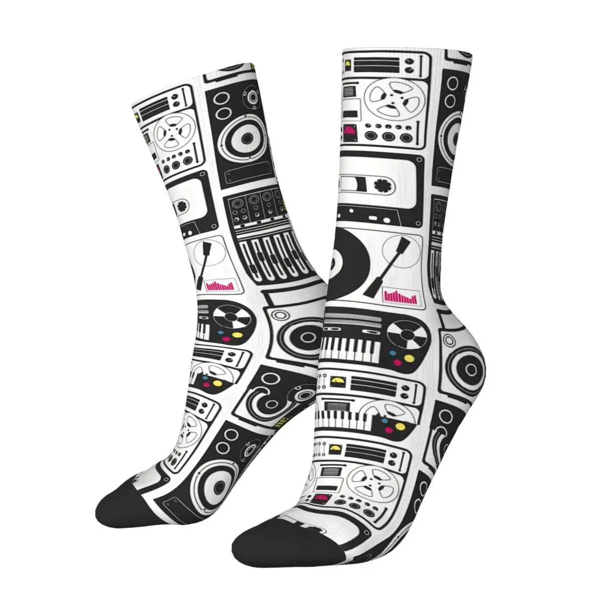 Funny Happy Sock for Men Records Radio Cassettes Vintage Music Pattern Printed Crew Sock