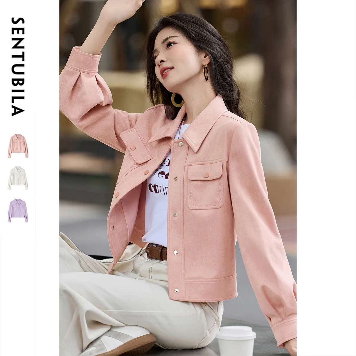 سترة نسائية مخملية من SENTUBILA لخريف 2025 بياقة مقلوبة وأكمام فانوس واحدة الصدر ملابس خارجية قصيرة غير رسمية 153WB2129