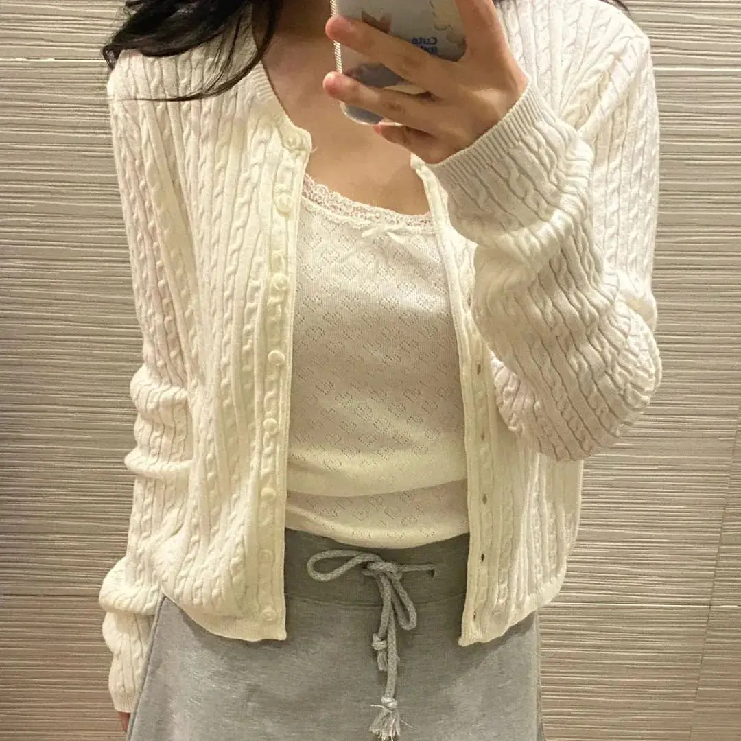 Autumn Crew Neck Solid White Basic Knitwear Casual Long Sleeve Button Knit Jacket Women Classic Twists Short Sweater Cardigan