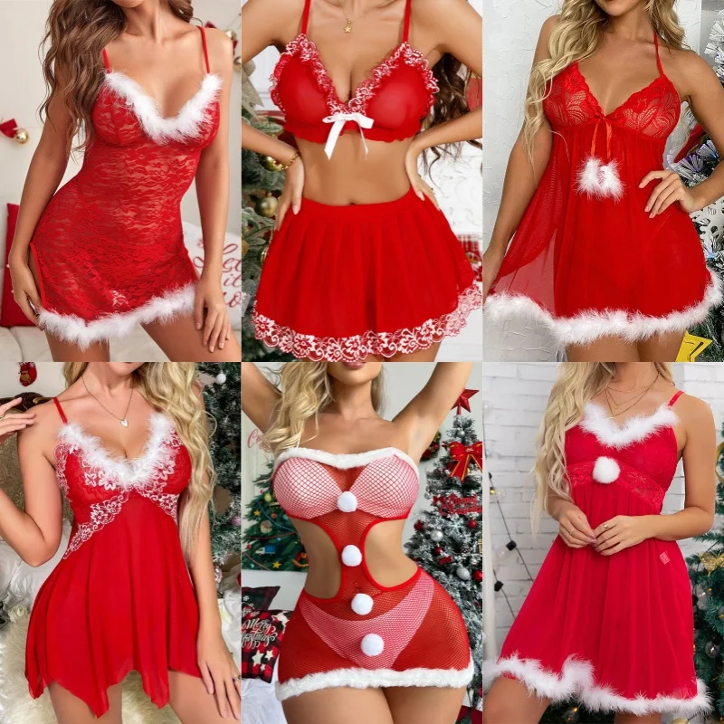 Christmas Sexy Lingerie Lace Nightwear Women Transparent Mesh Babydoll Dress Porno Erotic Underwear Role Play Sexy Costumes