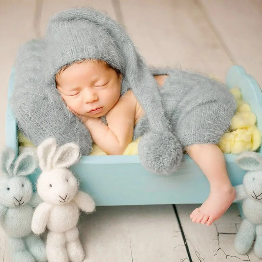 Newborn Photography Outfit Baby Hand-woven Costume Wool Mohair Crochet Romper Jumpsuit Overalls Hat Cap Boy Girl Photo Accessori