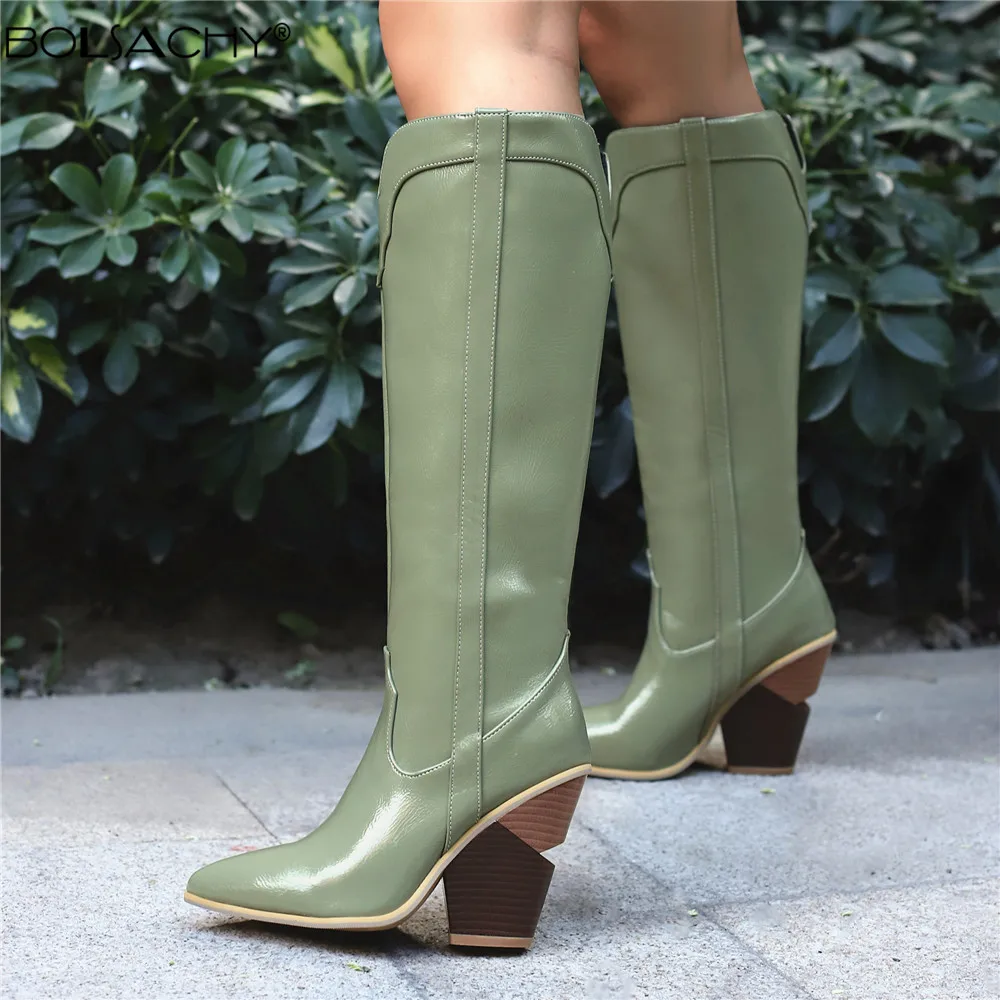 Fashion Knee High Boots Western Cowboy Boots for Women Long Winter Boots Pointed Toe Rome Cowgirl Wedges Motorcycle Boots 34-48