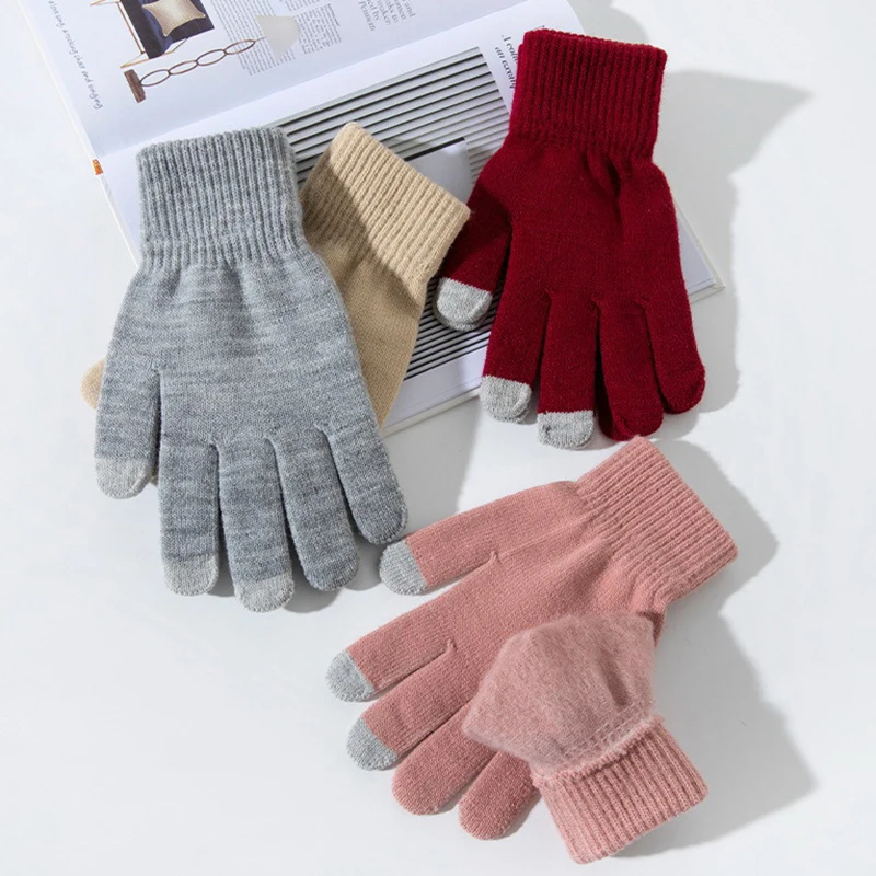 Guantes de invierno con pantalla táctil para hombre y mujer, manoplas de punto elásticas cálidas, de lana de imitación, con dedos completos, de ganchillo, gruesos