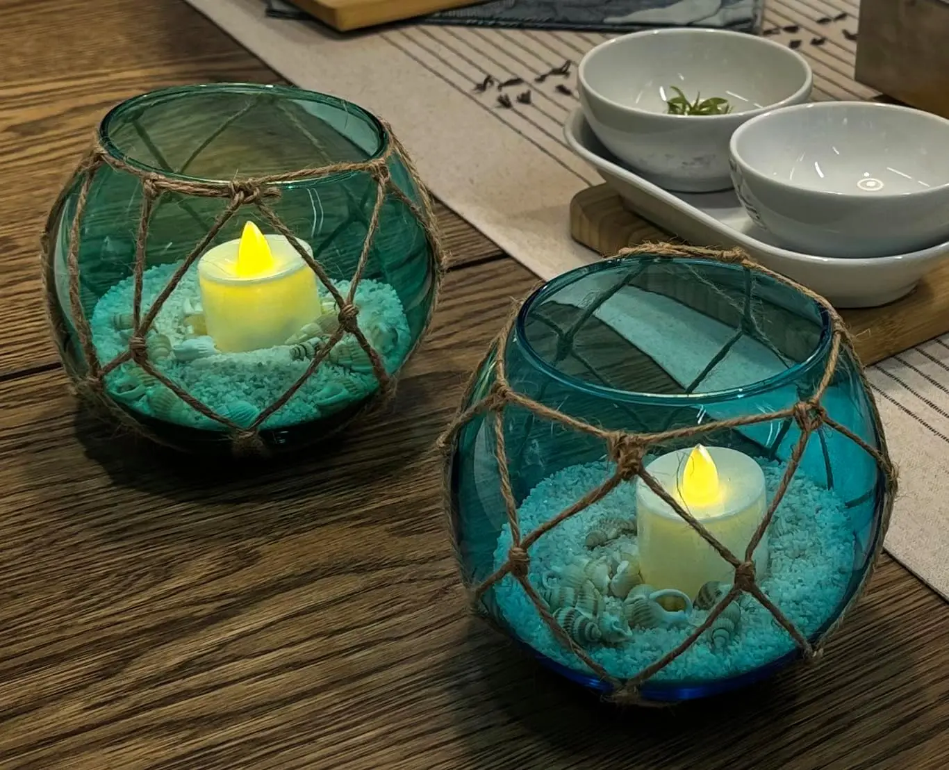 Teal and Blue Glass Fishing Float Tealight Candle Holder Set of 2, Nautical Coastal Beach Decor