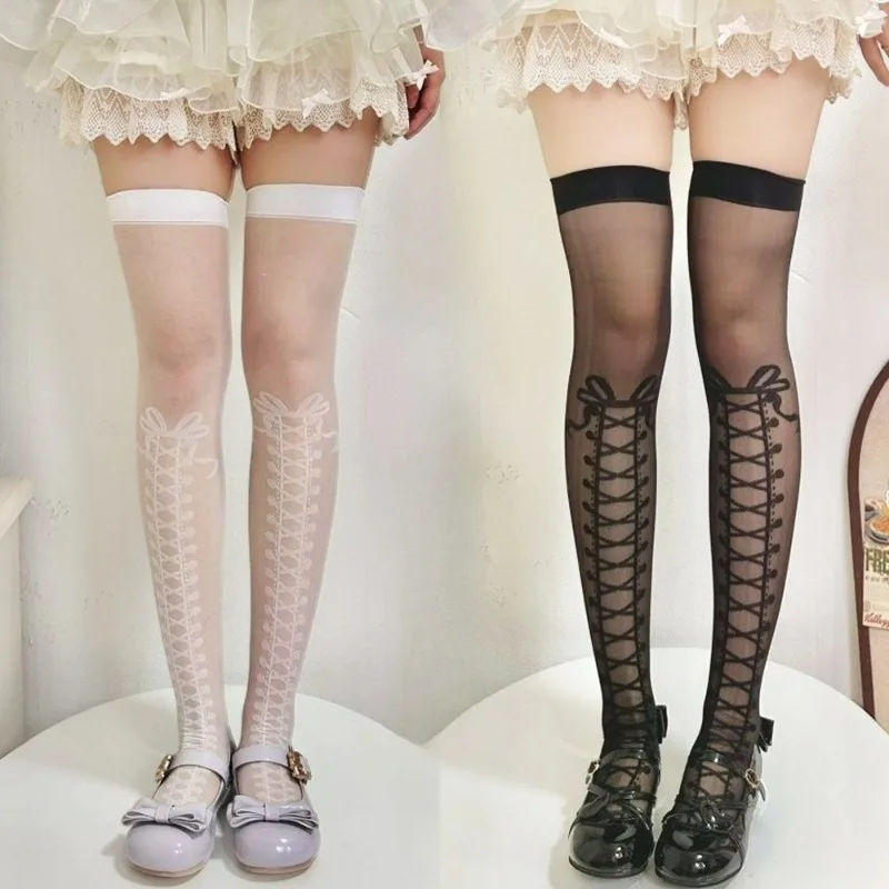 1/2 Paar Lolita Fake Criss-Cross Bow Oberschenkelhohe Socken Damen Japanische Fake Imitation Stiefel Ultradünne Criss-Cross Bowknot Socken