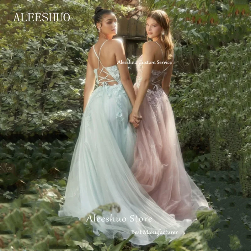 Aleeshuo Elegant Lady Organza A-Line Prom Dress Sleeveless Evening Dress Applique Spaghetti Strap Party Dress فساتين سهره فاخره