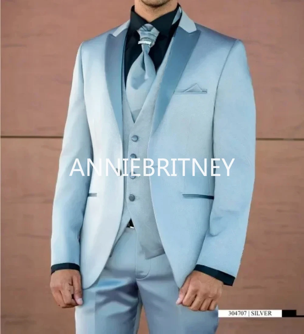 2024 High Quality Sky Blue Satin Men Suit Smart Business Fashion Suits for Men Custom Slim Fit 3 Piece Groom Dinner Prom Tuxedo