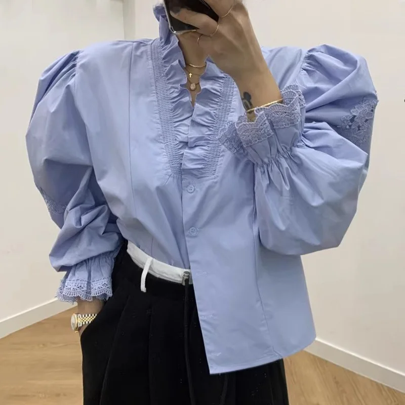 Ele V-ne Single-button Hollow out Long Sve Chic irt Women's Loose Fit Commute Sle Korean Version Spring 2024