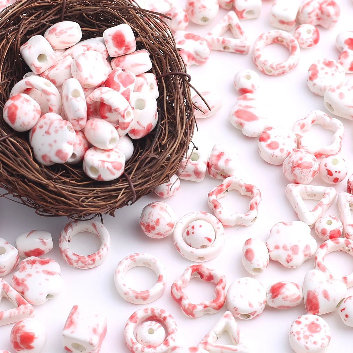 10pcs Pink Series Assorted Shape Ceramic Beads & Bead Assortments -Including Square Beads, Triangular Beads, Round Beads